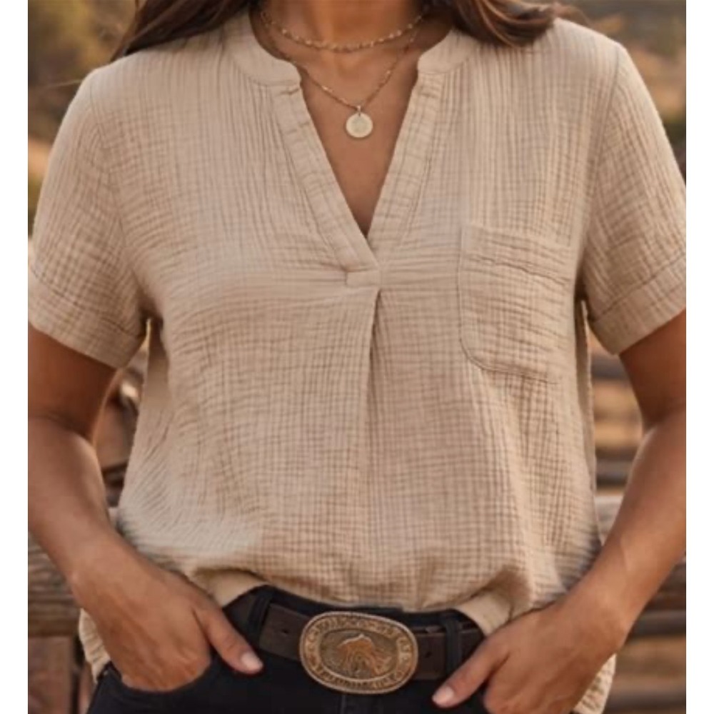 J.Crew Reimagined Gauze Top Womens Small Tan Excellent Short Sleeve VNeck Pocket